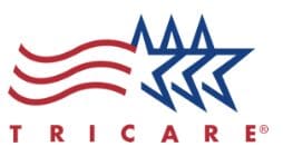 A red, white and blue logo for tricare.